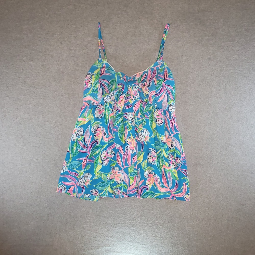 Lilly Pulitzer Blue Pink Tropical Floral Smocked Back Camisole Top Womens Size 0